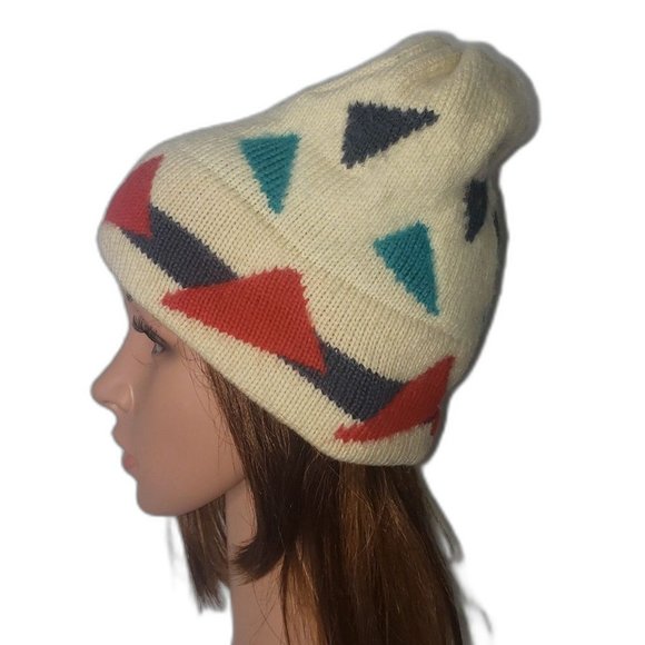 Vermont Needlecrafts Accessories - Vermont Needlecrafts Vintage Winter Wool Hat Ivory with Geometric Print